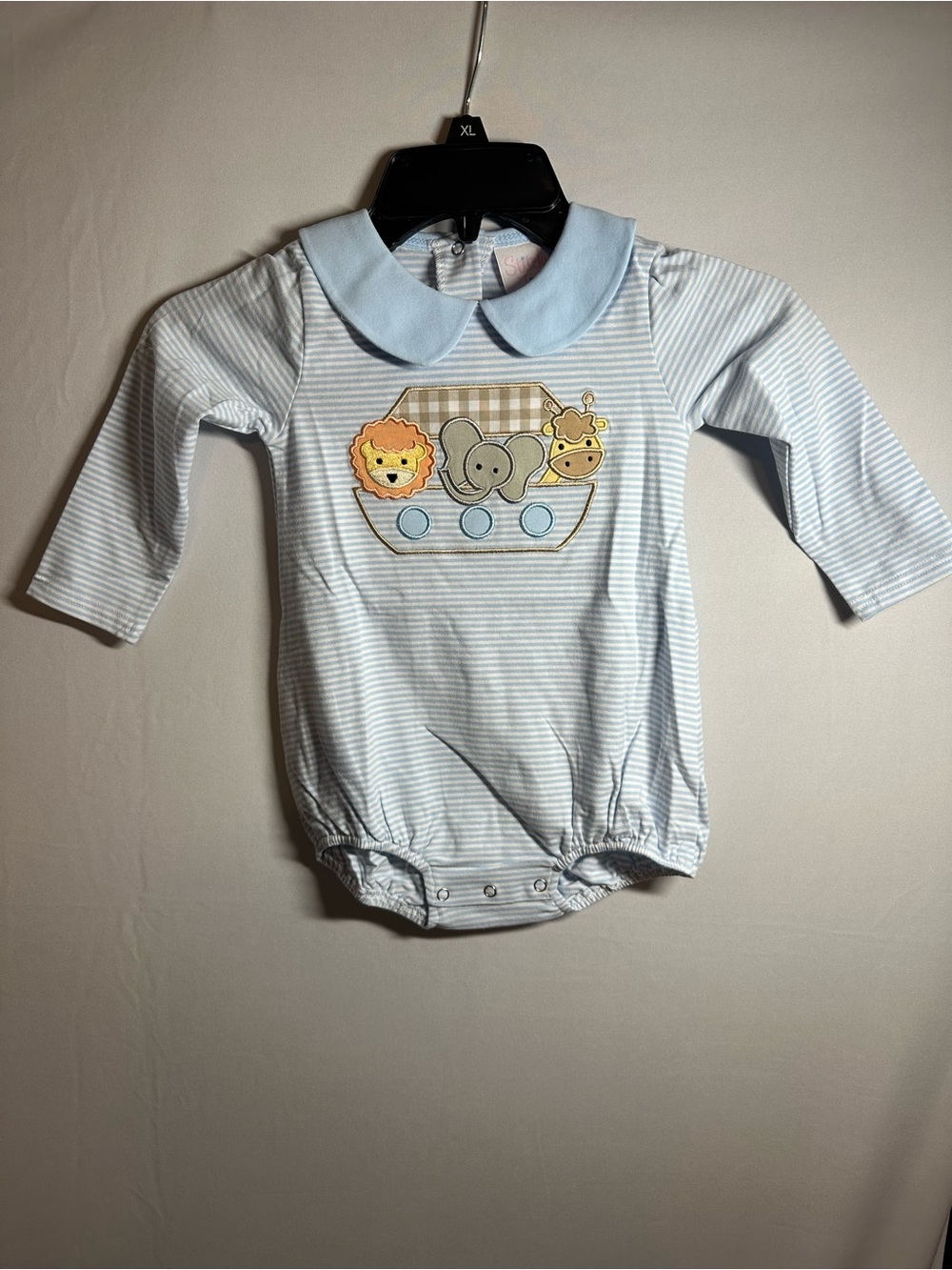 Striped Blue Baby One-Piece with Noah's Ark Appliqué